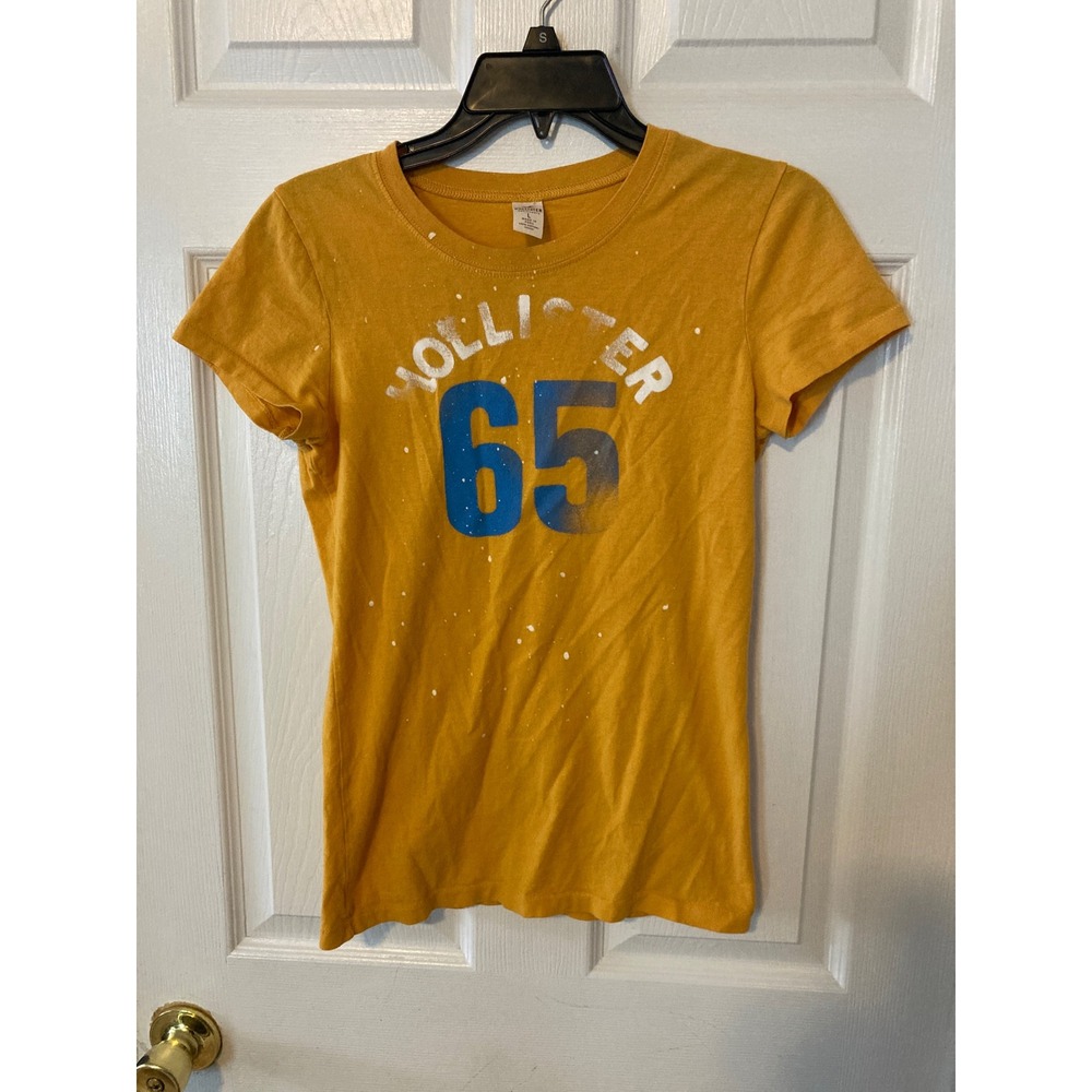 Hollister Womens Graphic T-Shirt Mustard Yellow Varsity 65 Splatter Size S